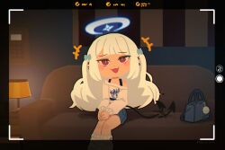 +++ 1girl :3 :d afterimage artist_name bag blue_bow blue_halo blunt_bangs blush_stickers bow chibi chibi_only clothes_writing commentary couch dated demon_tail dot_nose ear_piercing english_commentary hair_bow halo highres indoors lamp long_hair long_sleeves looking_at_viewer multiple_piercings off_shoulder open_mouth original own_hands_together piercing porforever red_eyes sitting slit_pupils smile solo tail tail_wagging viewfinder white_hair