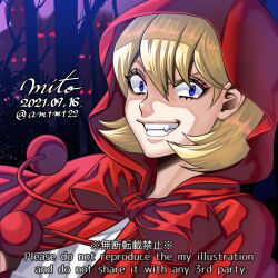 1girl blonde_hair blue_eyes b.b._hood cloak commentary crazy_eyes crazy_grin crazy_smile dated english_text engrish_text fangs glowing glowing_eyes grin highres medium_hair mito_amatsu portrait ranguage red_cloak red_hood signature smile tree twitter_username darkstalkers watermark