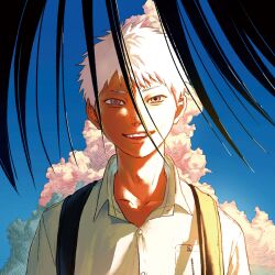 1boy absurdres black_hair blue_sky cloud cloudy_sky highres hikaru_(hikaru_ga_shinda_natsu) hikaru_ga_shinda_natsu male_focus mokumokuren_(mokmok_len) school_uniform shirt short_hair short_sleeves sky smile white_hair white_shirt