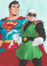 Rule 34 | 2boys, absurdres, bandana, black bodysuit, black hair, blue background, blue bodysuit, bodysuit, cape, clenched hands, cowboy shot, crossover, dc comics, dragon ball, dragonball z, great saiyaman, green tunic, highres, male focus, multiple boys, muscular, muscular male, red cape, short hair, simple background, son daitsu, son gohan, sunglasses, superhero costume, superman, superman (series), tunic, white bandana
