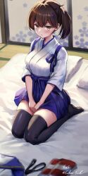 absurdres black_panties black_thighhighs blue_hakama blue_sailor_collar breasts brown_eyes brown_hair commentary_request cosplay crop_top eckert&amp;eich futon hakama hakama_short_skirt hakama_skirt highleg highleg_panties highres japanese_clothes kaga_(kancolle) kantai_collection large_breasts long_hair looking_at_viewer panties pillow sailor_collar seiza shimakaze_(kancolle) shimakaze_(kancolle)_(cosplay) side_ponytail sitting skirt striped_clothes striped_thighhighs tasuki thighhighs underwear unworn_clothes