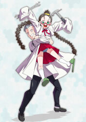 1boy 1girl :d absurdres black_pants blue_panties brown_hair ginji_hana glint green_eyes grey_hair highres holding holding_wrench kabushikigaisha_magi-lumiere loli nishina_(magi-lumiere) old old_man open_mouth panties pants pantyshot red-framed_eyewear red_skirt shirt skirt sleeves_past_fingers sleeves_past_wrists slippers smile socks striped_clothes striped_panties toku_sonchou twintails underwear white_shirt white_socks wrench