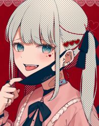 1girl amai_melo aqua_eyes bandaid bandaid_on_neck barbell_piercing black_ribbon blush commentary ear_piercing facial_mark fangs frilled_shirt frills grey_hair hair_ornament hair_ribbon hatsune_miku heart heart_facial_mark heart_hair_ornament highres jewelry looking_at_viewer mask mouth_mask multiple_rings neck_ribbon piercing pink_shirt red_background ribbon ring shirt solo song_name spike_piercing teeth tongue tongue_out twintails upper_teeth_only vampire_(vocaloid) vocaloid