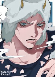 Rule 34 | 1boy, absurdres, black shirt, blue background, blue eyes, character name, clothing cutout, cloud, eyelashes, fake horns, fur hat, hat, highres, horned hat, horned headwear, horns, jojo no kimyou na bouken, looking at viewer, male focus, matubaru chan, partially shaded face, portrait, shirt, smoke, solo, stone ocean, weather report