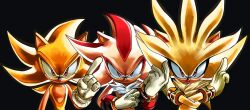 Rule 34 | 3boys, black background, gloves, highres, male focus, multiple boys, red eyes, red fur, shadow the hedgehog, silver the hedgehog, simple background, sonic (series), sonic the hedgehog, spacedawgspace, super shadow, super silver, super sonic, two-tone fur, upper body, white gloves, yellow fur