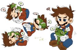 2boys animal_costume blue_eyes blue_overalls brown_hair cat_luigi chibi facial_hair gloves hat highres luigi male_focus mario mario_(series) mimimi_(mimimim9999) multiple_boys multiple_persona mustache nintendo overalls red_hat shirt short_hair sleeping super_mario_3d_world tail white_gloves