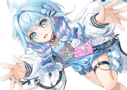 1girl ahoge blue_bow blue_eyes blue_hair blue_shirt blue_shorts bow braid cellphone chain collarbone commentary_request fang hair_bow hair_intakes hair_ornament hair_over_shoulder hairclip hololive hololive_dev_is jacket long_hair long_sleeves looking_at_viewer loose_socks low_twintails miri_(ago550421) mizumiya_su multicolored_hair open_clothes open_jacket open_mouth phone pink_hair puffy_long_sleeves puffy_sleeves shirt shoes shorts simple_background socks solo standing standing_on_one_leg streaked_hair striped_clothes striped_socks twin_braids twintails virtual_youtuber white_background white_bow white_jacket white_shoes x_hair_ornament