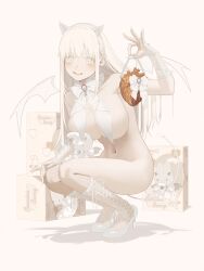 1girl absurdres breasts colored_skin cross-laced_clothes cross-laced_legwear demon_girl demon_tail demon_wings earrings fang hair_ornament hairclip heart highres jewelry large_breasts licking_lips long_hair nagata_shuu navel original ring simple_background smile solo squatting stuffed_animal stuffed_toy tail tongue tongue_out white_background white_eyes white_hair white_skin wings