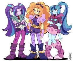 2girls 3girls adagio_dazzle adagio_dazzle_(human) aqua_hair aria_blaze aria_blaze_(human) arm_at_side arrcticc_fish averting_eyes bare_arms bare_shoulders belt blue_eyeshadow blue_hair blue_skin blunt_bangs boots bracelet breasts bright_pupils closed_mouth coat collared_coat collared_jacket colored_skin commentary crossed_arms curly_hair english_commentary eyeshadow fingerless_gloves frown full_body gem gloves gold_belt green_coat hair_ornament hairband hand_on_own_arm hand_on_own_hip high_heel_boots high_heels high_ponytail highres jacket jewelry knees_together_feet_apart long_hair looking_ahead looking_up makeup multicolored_hair multiple_bracelets multiple_girls my_little_pony my_little_pony:_equestria_girls my_little_pony:_friendship_is_magic necklace open_clothes open_coat open_mouth orange_eyes orange_eyeshadow orange_hair pants pantyhose parted_bangs pencil_skirt pink_boots pink_eyes pink_jacket pink_pants pink_skirt ponytail puffy_short_sleeves puffy_sleeves purple_belt purple_eyeshadow purple_footwear purple_gloves purple_hair purple_hairband purple_jacket purple_pantyhose purple_shirt purple_shorts purple_skin raised_eyebrow red_gemstone shadow shirt short-sleeved_jacket short_sleeves shorts sidelocks skirt sleeveless sleeveless_coat sleeveless_shirt small_breasts smile sonata_dusk sonata_dusk_(human) spiked_belt spiked_boots spiked_bracelet spiked_hairband spikes standing star_(symbol) star_hair_ornament streaked_hair twintails twitter_username two-tone_hair very_long_hair white_background white_pupils white_shirt yellow_skin