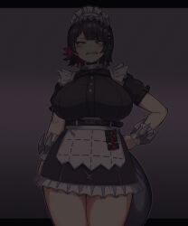 Rule 34 | 1girl, absurdres, black hair, breasts, colored inner hair, ellen joe, fins, fish tail, frilled wristband, hair ornament, herutsuheimuu, highres, large breasts, looking at viewer, maid headdress, metal hairband, mole, mole under eye, multicolored hair, red eyes, red hair, shark girl, shark tail, short hair, solo, spiked headband, tail, two-tone hair, v-shaped eyebrows, zenless zone zero