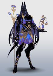 1boy ancient_egyptian_clothes animal_ears animal_feet anubis_(mythology) balance_scale black_hair claws colored_inner_hair colored_sclera digitigrade edarow full_body gradient_background grey_background holding holding_staff jackal_boy jackal_ears jackal_tail long_hair looking_at_viewer male_focus monster_boy multicolored_hair original purple_eyes purple_hair shendyt simple_background solo staff standing toned toned_male topless_male very_long_hair weighing_scale yellow_sclera