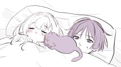 1boy 1girl alternate_hairstyle anger_vein annoyed blunt_ends blush cheek_press closed_eyes closed_mouth eyelashes furrowed_brow genshin_impact hair_down hair_intakes head_on_pillow hirarinoie long_hair lying nahida_(genshin_impact) on_back open_mouth partially_colored pillow pink_cat pink_hair pointy_ears scaramouche_(cat)_(genshin_impact) scaramouche_(genshin_impact) sleeping triangle_mouth under_covers wanderer_(genshin_impact)