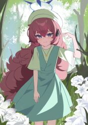 1girl absurdres alternate_costume anma21 beret blue_archive dress flower fluffy_hair green_dress green_hat green_shirt grey_eyes halo hat highres iroha_(blue_archive) jewelry long_hair looking_at_viewer necklace red_hair shirt smile solo tree vegetation wavy_hair white_flower
