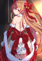 1girl ass bell brown_hair detached_sleeves dress from_behind fur-trimmed_sleeves fur_trim hair_bell hair_ornament hair_ribbon johnston_(christmas)_(kancolle) johnston_(kancolle) kantai_collection long_hair moroheiya_(moroheiya-works) official_alternate_costume red_bodice red_eyes red_ribbon red_sleeves ribbon santa_costume santa_dress solo two_side_up