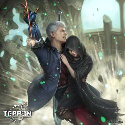1boy 1girl ada_wong amputee black_hair blue_jacket brown_eyes capcom chinese_clothes choker church cloak company_connection crossover devil_may_cry_(series) devil_may_cry_5 dress grappling_hook grey_eyes grimace highres jacket kuroiwa_enu nero_(devil_may_cry) official_art open_clothes open_jacket prosthesis prosthetic_arm resident_evil resident_evil_4 short_hair smile sparks sword teppen weapon white_hair