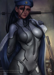 1girl aged_down ana_(overwatch) beret black_hair bodysuit brown_eyes captain_amari dark-skinned_female dark_skin facial_tattoo female_focus gun hat highres jacket looking_at_viewer overwatch overwatch_1 realistic rifle sciamano240 smile sniper_rifle solo tattoo unworn_jacket weapon