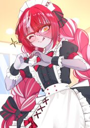 1girl ;q absurdres alternate_costume alternate_hairstyle apron bespectacled black_bow black_bowtie black_dress blush bow bowtie braid center_frills colored_skin colored_tongue commentary cowboy_shot dress english_commentary enmaided frilled_apron frilled_wrist_cuffs frills glasses grey_hair grey_skin heart heart_hands highres hololive hololive_indonesia indoors kghazir kureiji_ollie licking_lips long_hair maid maid_cafe maid_headdress multicolored_hair multicolored_skin one_eye_closed patchwork_skin pink_hair puffy_short_sleeves puffy_sleeves purple_tongue red-framed_eyewear red_bow red_bowtie red_hair semi-rimless_eyewear short_sleeves solo stitched_arm stitched_face stitches symbol-shaped_pupils tongue tongue_out twin_braids twintails twitter_username two-tone_bow two-tone_bowtie two-tone_skin virtual_youtuber waist_apron waitress white_apron white_hair white_skin wrist_cuffs x-shaped_pupils yellow_eyes zombie