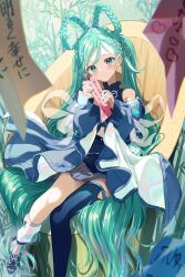 1girl bamboo blue_eyes blue_jacket blue_sandals blue_shirt blue_skirt blue_thighhighs blurry blurry_foreground blush braid closed_mouth commentary_request crop_top depth_of_field green_hair green_nails hair_rings hatsune_miku head_tilt highres holding jacket long_sleeves looking_at_viewer magical_mirai_(vocaloid) magical_mirai_miku magical_mirai_miku_(2025) nail_polish off_shoulder open_clothes open_jacket pentagon_(railgun_ky1206) pleated_skirt puffy_long_sleeves puffy_sleeves sandals shirt single_thighhigh sitting skirt smile solo tanabata tanzaku thighhighs toenail_polish toenails translation_request twin_braids twintails vocaloid