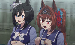 2girls animal_ears black_hair blue_eyes blue_shirt blush bow breasts brown_hair clenched_hands commentary_request daiwa_scarlet_(umamusume) dated eishin_flash_(umamusume) hair_bow hair_intakes horse_ears horse_girl long_sleeves medium_breasts multiple_girls open_mouth own_hands_together red_eyes sailor_collar school_uniform shirt short_hair smile takuzui tiara tracen_school_uniform twintails twitter_username umamusume upper_body