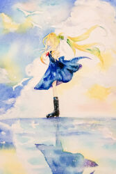1girl air_(visual_novel) artist_request black_boots black_dress blonde_hair boots dress from_side kamio_misuzu looking_to_the_side neckerchief red_neckerchief ribbon solo standing traditional_media white_ribbon