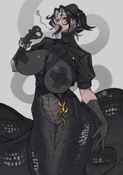 10den 1girl absurdres between_breasts black_hair black_horns black_tongue bodystocking breasts earrings forked_tongue grey_hair hat highres horns huge_breasts jewelry lamia monster_girl multicolored_hair nurse_cap open_mouth original purple_eyes short_hair slit_pupils snake_earrings strap tongue two-tone_hair