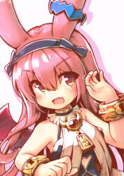 1girl armpits bare_shoulders demon_wings emil_chronicle_online frilled_necktie hairband highres kareya looking_at_viewer mitama_nanai open_mouth pink_hair upper_body wings yellow_eyes