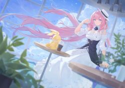 1girl absurdres blue_eyes bubble_tea chinese_commentary cloud commentary_request dress duplicate elysia_(honkai_impact) elysia_(sweet_memories)_(honkai_impact) hat highres homu_(honkai_impact) honkai_(series) honkai_impact_3rd indoors long_hair looking_at_viewer official_alternate_costume on_chair pink_hair pmg sky smile solo stuffed_toy very_long_hair white_dress white_hat