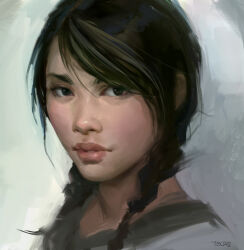black_eyes black_hair braid cropped_torso dokkaebi_(rainbow_six_siege) highres multicolored_hair non-web_source rainbow_six_siege realistic streaked_hair tb_choi12 twin_braids two-tone_hair upper_body