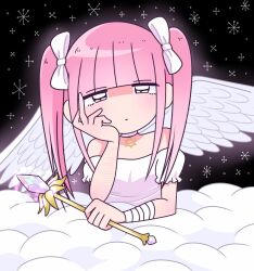 1girl bandaged_arm bandages bare_shoulders black_eyes blunt_bangs bow closed_mouth cloud collar dress expressionless ezaki_bisuko feathered_wings hair_bow hand_on_own_cheek hand_on_own_face hexagram highres holding holding_wand jewelry looking_at_viewer menhera-chan_(ezaki_bisuko) menhera-chan_(ezaki_bisuko)_(character) necklace night night_sky off-shoulder_dress off_shoulder pink_hair pov short_twintails sky solo star_(sky) star_of_david twintails upper_body wand white_bow white_collar white_dress wings