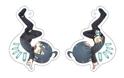1boy 1girl ahoge akamatsu_kaede black_hair black_jacket bullet buttons charm_(medium) chibi collared_jacket commentary_request danganronpa_(series) danganronpa_v3:_killing_harmony hair_between_eyes jacket long_hair long_sleeves male_focus merchandise open_mouth pants pink_eyes pinstripe_jacket pinstripe_pants pinstripe_pattern pointing saihara_shuichi short_hair simple_background striped_clothes striped_jacket white_background yunxd