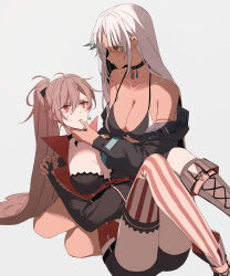 2girls amazuki_jou azur_lane bare_shoulders body_markings breasts brown_hair choker cleavage collarbone dark-skinned_female dark_skin earrings facial_mark finger_to_another&#039;s_mouth forehead_mark gloves high_ponytail highres historical_connection jacket jean_bart_(azur_lane) jewelry lap_pillow long_hair long_sleeves massachusetts_(azur_lane) multicolored_hair multiple_girls native_american ponytail red_eyes red_thighhighs shorts striped_clothes striped_thighhighs sweat thighhighs vertical-striped_clothes vertical-striped_thighhighs very_long_hair white_hair yuri