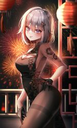 1girl :p absurdres alternate_costume architecture arm_tattoo backless_dress backless_outfit black_dress black_gloves black_pantyhose breasts china_dress chinese_clothes cleavage cleavage_cutout clothing_cutout colored_inner_hair cowboy_shot dragon_tattoo dress east_asian_architecture fireworks from_side gloves hair_between_eyes hair_intakes hair_ornament half_gloves hand_on_own_thigh highres honkai:_star_rail honkai_(series) lantern large_breasts looking_at_viewer multicolored_hair nq_(nnq_q) pantyhose paper_lantern purple_eyes red_hair short_hair sideboob sideless_dress solo streaked_hair string_pull tattoo tongue tongue_out topaz_(honkai:_star_rail) white_hair