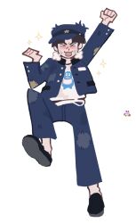 &gt;_&lt; 1boy arm_up black_hair black_slippers blue_hat blue_jacket blue_pants blush closed_eyes full_body hand_up hat jacket male_focus maruko_gaku open_mouth pants shirt simple_background slippers solo solo_focus the_hundred_line_-last_defense_academy- white_background white_shirt