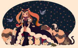 10s 1girl animal apple bare_shoulders bird brown_hair cat chibi corset detached_sleeves elbow_gloves esmeralda_(mawaru_penguindrum) fingerless_gloves food frog fruit gloves goose hat long_hair mawaru_penguindrum penguin_1-gou penguin_2-gou penguin_3-gou pi_oni princess_of_the_crystal rabbit sheep shirase_(mawaru_penguindrum) skunk souya_(mawaru_penguindrum) takakura_himari thighhighs