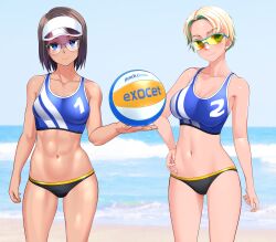 2girls abs absurdres ball beach beach_volleyball bikini black_hair blonde_hair blue_eyes blue_sky breasts commentary_request day glasses hand_on_own_hip highres holding holding_ball horizon large_breasts mismatched_bikini multicolored_hair multiple_girls ocean original outdoors sky sports_bikini streaked_hair sunglasses swimsuit takafumi tan tinted_eyewear variant_set visor_cap volleyball_(object) yellow-tinted_eyewear