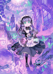 Rule 34 | 1boy, 1girl, apron, belt, black dress, black hair, black pantyhose, black shoes, bright pupils, bug, butterfly, coat, commentary request, derringer, dress, full body, gloves, green eyes, gun, handgun, hat, highres, holding, holding gun, holding lantern, holding vial, holding weapon, indoors, insect, juliet sleeves, key, konno takashi, lantern, long hair, long sleeves, maid headdress, original, pantyhose, pink bag, pocket watch, puffy sleeves, purple theme, shoes, skylight, solo focus, stairs, tearing up, trench coat, twintails, vial, watch, wavy mouth, weapon, white apron, white pupils, window