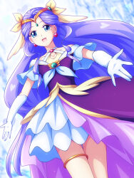 1girl blue_background blue_eyes blurry blurry_background bracelet collarbone cure_earth dress dutch_angle earrings elbow_gloves fuurin_asumi gloves gradient_background head_wings healin&#039;_good_precure heart highres jewelry looking_at_viewer mimimix open_mouth precure purple_dress purple_hair tiara white_gloves wings