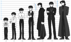 1boy age_progression aged_down aged_up between_fingers black_keys_(type-moon) book candle cassock chart child cloak cross cross_earrings cross_necklace earrings fate/stay_night fate/zero fate_(series) holding hood jewelry kotomine_kirei male_focus mullet multiple_persona necklace short_hair sss_f suspenders