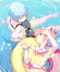 Rule 34 | 2girls, alternate costume, artist name, bare arms, bare shoulders, barefoot, black shorts, blue hair, blue one-piece swimsuit, blue scrunchie, bow, bowtie, closed eyes, collarbone, cowboy shot, expressionless, flower, foot out of frame, hair between eyes, hair ribbon, hand on own head, heart-shaped innertube, highres, kaname madoka, looking at another, lying, magia record: mahou shoujo madoka magica gaiden, mahou shoujo madoka magica, mahou shoujo madoka magica (anime), midriff, miki sayaka, miki sayaka (surfer ver.), multiple girls, ocean, off-shoulder shirt, off shoulder, official alternate costume, on back, one-piece swimsuit, open mouth, parted lips, partially submerged, petals, pink bow, pink bowtie, pink eyes, pink hair, pink innertube, pointy nose, red ribbon, ribbon, ripples, scrunchie, shirt, short hair, short sleeves, short twintails, shorts, side slit, skirt, skirt set, smile, swimsuit, swimsuit under clothes, tareme, toes, twintails, two-tone innertube, un nm5sy, waist bag, watermark, white flower, white shirt, wide sleeves, wrist scrunchie, yellow innertube, yellow shirt, yellow skirt
