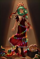 1girl absurdres boots bow box christmas collared_dress dress flandre_scarlet frilled_ribbon frills front_ponytail full_body fumo_(doll) green_eyes green_hair hair_bow hair_ribbon highres himuhino kagiyama_hina red_bow red_dress red_ribbon ribbon short_sleeves smile solo stuffed_toy touhou
