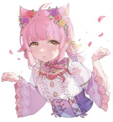 Rule 34 | 1girl, :o, ahoge, alternate hairstyle, animal ears, bell, blunt bangs, blush, cat ears, commentary request, corset, cropped torso, extra ears, falling petals, frilled shirt, frills, hair ornament, highres, jingle bell, long sleeves, looking at viewer, love live!, love live! nijigasaki high school idol club, medium hair, neck ribbon, notyu maru, parted lips, paw pose, petals, pink hair, pink ribbon, purple corset, ribbon, see-through clothes, see-through sleeves, shirt, sidelocks, solo, tennoji rina, twintails, upper body, white background, wide sleeves, yellow eyes