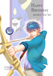 Rule 34 | 1boy, armor, arrow (projectile), blue eyes, blue hair, bow (weapon), gem, grin, hashiba touma, highres, horns, jacket, looking at viewer, mask, ronin warriors, samurai, smile, solo, sunrise (company), weapon, yoroiden samurai troopers
