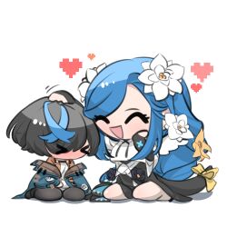 2girls black_hair blue_hair blue_streaks blush braid cottondog_ouob dizzy_(guilty_gear) embarrassed flower guilty_gear guilty_gear_strive hair_flower hair_ornament headpat heart long_hair lowres mother_and_daughter multiple_girls open_mouth queen_dizzy ribbon sidelocks sitting swept_bangs tail transparent_background unika_(guilty_gear) wariza yellow_ribbon
