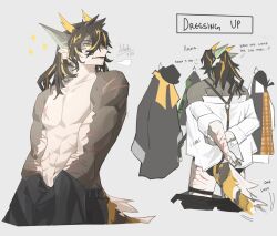 1boy abs acheki animal_ears apron arknights artist_name bara black_coat black_hat black_jacket black_male_underwear black_pants black_shirt coat commentary cross_scar dated dragon_boy dragon_ears dragon_horns english_commentary fins fish_tail from_behind furry furry_male garter_straps grey_apron grey_background hat highres horns jacket lee_(arknights) male_focus male_underwear multicolored_hair multiple_scars multiple_views muscular muscular_male nipples open_mouth pants pectorals profile scar scar_on_arm scar_on_chest scar_on_hand scar_on_shoulder scar_on_stomach shirt sparkle tail topless_male underwear white_shirt