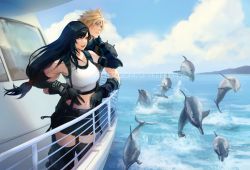 1boy 1girl :d armor black_gloves black_hair black_skirt black_thighhighs blonde_hair blue_eyes breasts cloud_strife commentary commission crop_top cruise_ship dolphin elbow_gloves english_commentary final_fantasy final_fantasy_vii final_fantasy_vii_remake gloves hand_on_another&#039;s_chin highres holding_another&#039;s_wrist hug long_hair low-tied_long_hair materia medium_breasts midriff navel ocean open_mouth outdoors parted_lips railing red_eyes shoulder_armor skirt sleeveless sleeveless_turtleneck smile spiked_hair spykeee square_enix suspender_skirt suspenders tank_top thighhighs thighs tifa_lockhart turtleneck twitter_username watermark web_address white_tank_top window zettai_ryouiki
