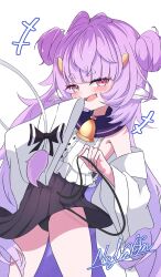 1girl absurdres animal_ears bell black_bow black_panties black_skirt blunt_bangs blush bow commentary_request commission cow_ears cow_girl cow_horns cow_tail cowboy_shot detached_sleeves double_bun fang fluffy_hair hair_bun highres horns long_hair looking_at_viewer muu_muyu neck_bell open_mouth panties phase_connect pink_eyes pleated_skirt purple_hair shirt side-tie_panties signature simple_background skeb_commission skin_fang skirt sleeveless sleeveless_shirt smug solo standing tail tail_bow tail_ornament thick_eyebrows thighs underwear untied_panties very_long_hair virtual_youtuber vtitalianlion46 white_background white_shirt white_sleeves wide_sleeves