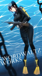 1girl akm assault_rifle black_bodysuit black_hair black_wetsuit bodysuit breasts brown_eyes chain commission diving diving_mask diving_mask_on_head diving_regulator diving_suit flippers floating full_body goggles goggles_on_head gun high_ponytail highres holding holding_gun holding_weapon hose kalashnikov_rifle knife knife_sheath large_breasts light_smile lips looking_at_viewer magazine_(weapon) medium_hair original oxygen_tank pink_lips ponytail rifle scuba scuba_gear scuba_tank sheath skin_tight smile submerged swimming swordwaltz thigh_strap trigger_discipline underwater weapon weight_belt wetsuit zipper