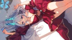 1girl bare_legs bare_shoulders blue_butterfly blue_gemstone blue_horns breasts brown_corset bug butterfly butterfly_on_hand commentary commission corset crystal_horns day diamond_(gemstone) dress english_commentary expressionless eyelashes eyes_visible_through_hair feet_out_of_frame gem grey_hair hair_spread_out highres horns hyanna-natsu insect juliet_sleeves knees lace lace-trimmed_dress lace-trimmed_sleeves lace_trim light_blush light_particles long_dress long_hair long_sleeves lying medium_breasts mole mole_on_breast mole_under_mouth multiple_moles off-shoulder_dress off_shoulder on_back original parted_bangs parted_lips puffy_sleeves purple_eyes red_dress shade solo sunlight tile_floor tiles wavy_hair