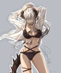 Rule 34 | 1girl, arknights, bikini, black bikini, breast tattoo, breasts, chinese commentary, choker, collared shirt, commentary request, cowboy shot, dragon girl, dragon horns, dragon tail, glk sier, grey background, grey hair, hair tie in mouth, hand in own hair, hands in own hair, highres, holding, holding own hair, horns, large breasts, long hair, mouth hold, navel, open clothes, open shirt, orange eyes, saria (arknights), shirt, solo, swimsuit, tail, tattoo, tying hair, white shirt