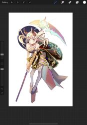 1girl arcaea art_program_in_frame blue_eyes breasts high_heels highres horns itooku lethe_(arcaea) looking_at_viewer medium_breasts multicolored_eyes red_eyes sleigh thighhighs yellow_eyes